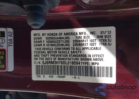 2013 Honda Cr-V Ex-L z USA, uszkodzony, nr VIN 5J6RM3H76DL018094